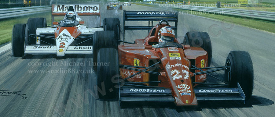 Detail from print of Nigel Mansell, Ferrari, 1989 Brazilian Grand Prix, by Michael Turner