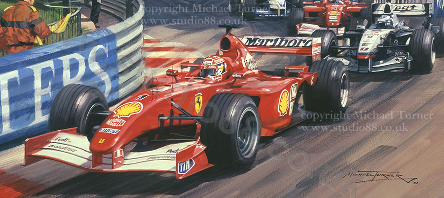 Detail from print of Michael Schumacher, Ferrari, 2001 Monaco Grand Prix, by Michael Turner