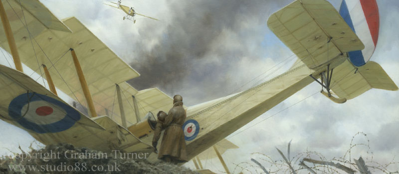 'From the Heavens into Hell' - WW1 Royal Flying Corps BE2c crash - painting by Graham Turner