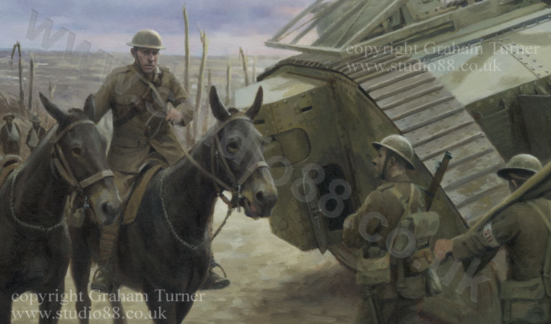 Detail from 'Dawn of the Machines' - WW1 painting by Graham Turner showing tank and DH2 aircraft