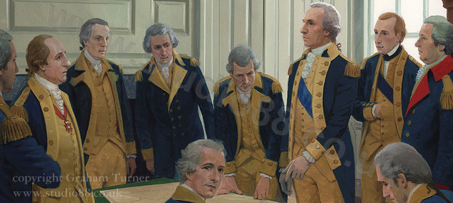 Detail from an original painting of George Washington at Valley Forge by Graham Turner from Osprey book 'George Washington'