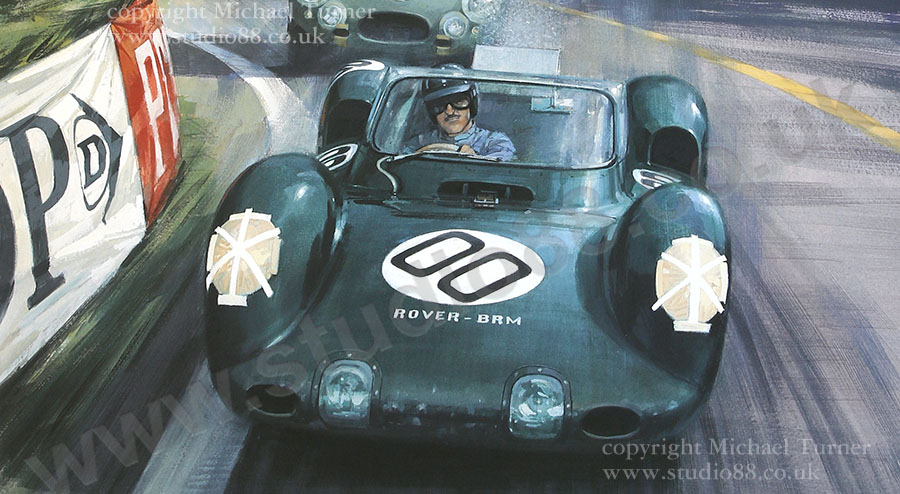 Detail from Michael Turner painting of Graham Hill in the Rover BRM at Le Mans