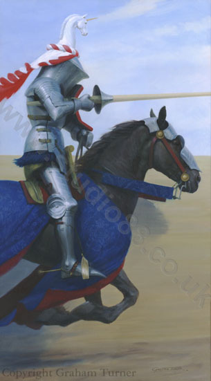 Jousting knight in armour on his horse - medieval art print by Graham Turner