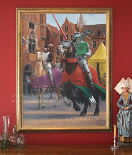 Joust, Bruges, 1468 - Medieval Art painting by Graham Turner