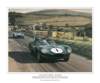 Mike Hawthorn, Jaguar D type, 1955 Dundrod TT - Classic motorsport art print by Graham Turner