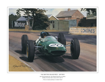 Jim Clark, Lotus, 1962 British Grand Prix - Classic formula one racing car art print by Graham Turner