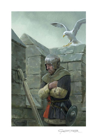 'Bleak Outpost' - Lancastrian sentry in Northumberland castle during the Wars of the Roses - print from a painting by Graham Turner