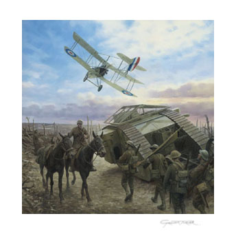 'Dawn of the Machines' - DH2, tank and mules at the Battle of Flers - WW1 art print by Graham Turner