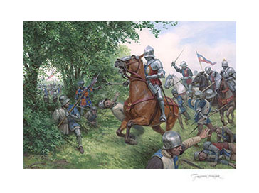 Yorkist horsemen strike the decisive blow at the Battle of Tewkesbury, 1471 - Print from a Wars of the Roses painting by Graham Turner