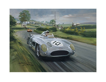 1955 Tourist Trophy, Dundrod, Stirling Moss, Mercedes 300SLR - Classic sports racing car art by Michael Turner