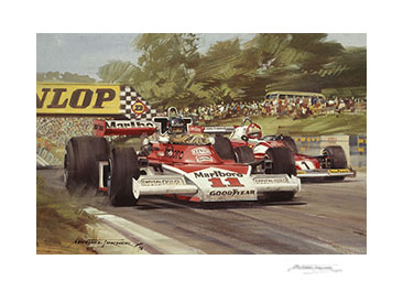 1976 British Grand Prix, Hunt and Lauda - Motorsport Art Print by Michael Turner