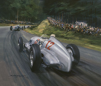 Rudolph Caracciola, Mercedes, 1937 German Grand Prix, Nurburgring - Original Painting by Michael Turner