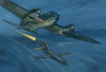 Heinkel 111 releases its V1 flying bomb - painting by Graham Turner
