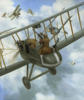 'Exposed' - FE2b dogfights with Manfred von Richtofen's Albatros - painting by Graham Turner