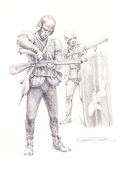 Wars of the Roses handgunners - original pencil drawing by Graham Turner