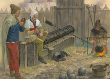 100 Years War English artillery crew - painting by Graham Turner