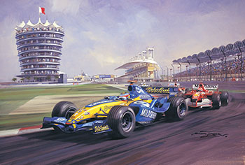 Fernando Alonso, Renault, 2005 Bahrain Grand Prix - Original Painting by Michael Turner