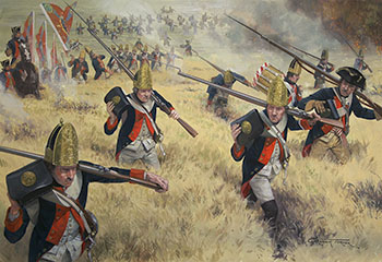 The Fuselier Regiment Von Lossberg ford the Bronx river at the battle of White Plains - Painting by Graham Turner