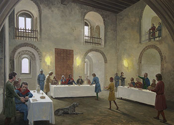 Banquet held in the great keep at Hedingham Castle - painting by Graham Turner