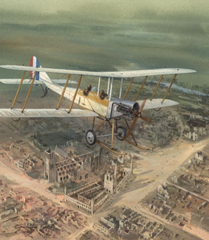 'Cultural Desolation' - BE2c flies over Ypres in 1915 - painting by Graham Turner