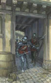 Warwick's troops at the Battle of St. Albans, 1455 - print from a painting by Graham Turner