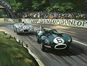 1955 Le Mans, Mike Hawthorn, Jaguar D-type - Motorsport Art Print by Michael Turner