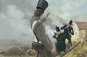 Soldiers from the 95th Rifles defend the farmhouse of La Haye Saint at Waterloo - Painting by Graham Turner